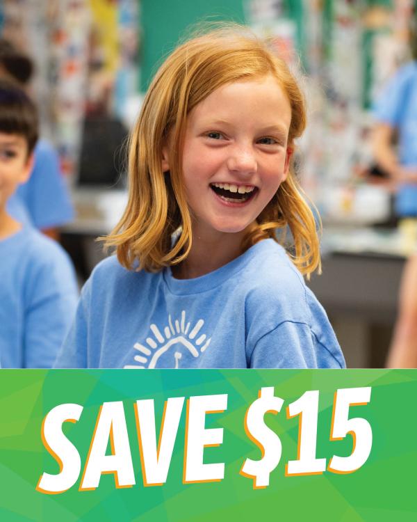 A smiling elementary student wears a blue Camp Invention shirt above the text "Save $15" on a green banner