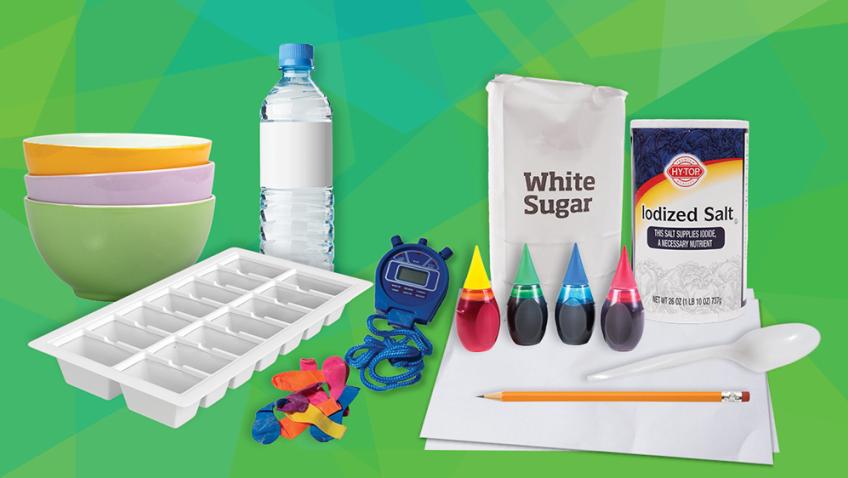 Colorful bowls, a bottle of water, an ice cube tray, water balloons, a stopwatch, food coloring, sugar, salt and a spoon