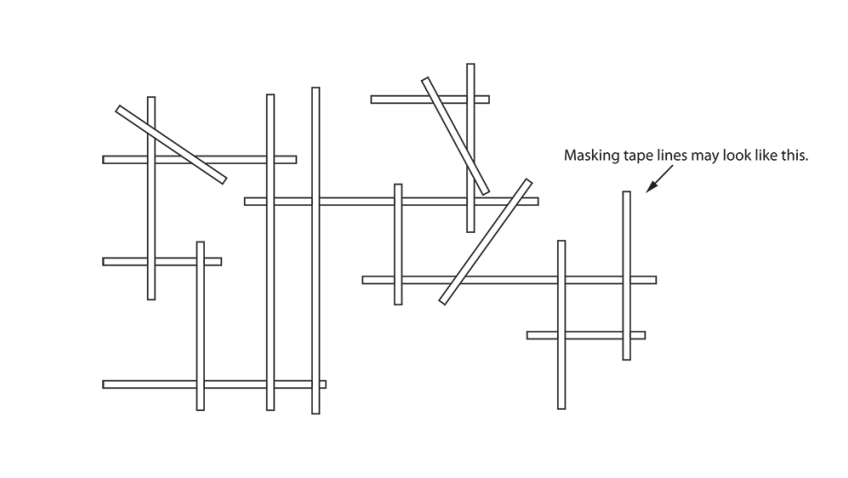 Thin rectangles laid overtop one another in a random pattern with the text “masking tape lines may look like this”