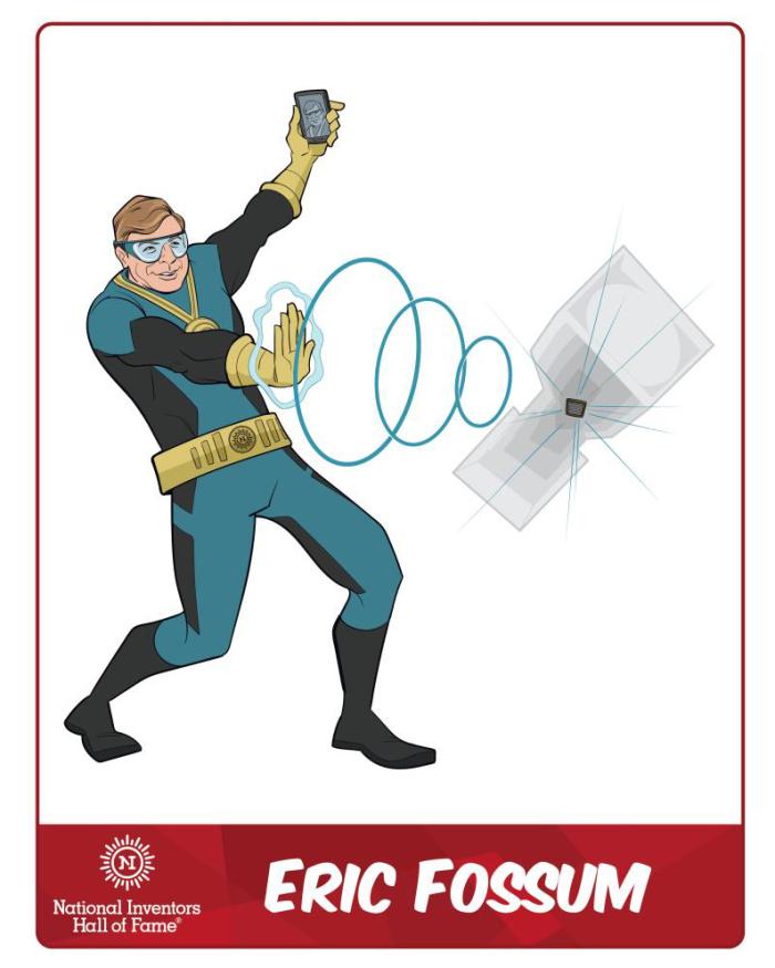 Illustration of Eric Fossum as a superhero holding a rectangular device and sending circular waves toward a geometric portal