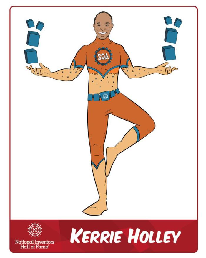 Illustration of Kerrie Holley as a superhero balancing on one foot and levitating cubes above his hands