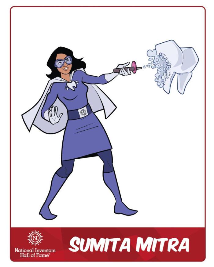 Illustration of Sumita Mitra as a superhero holding a wandlike device and creating a large tooth in midair