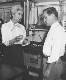 Drs. Allene Jeanes and Carl Wilham discussing dextran research, 1955