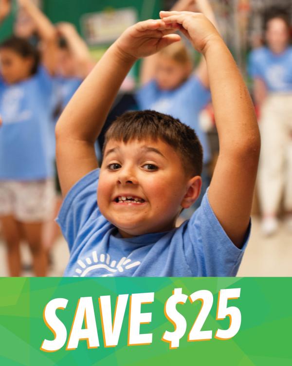 A Camp Invention camper raises their hands above their head above a green banner that says "Save $25"