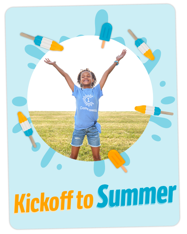 A child wearing a Camp Invention shirt cheers above the text "Kickoff to Summer" and images of popsicles