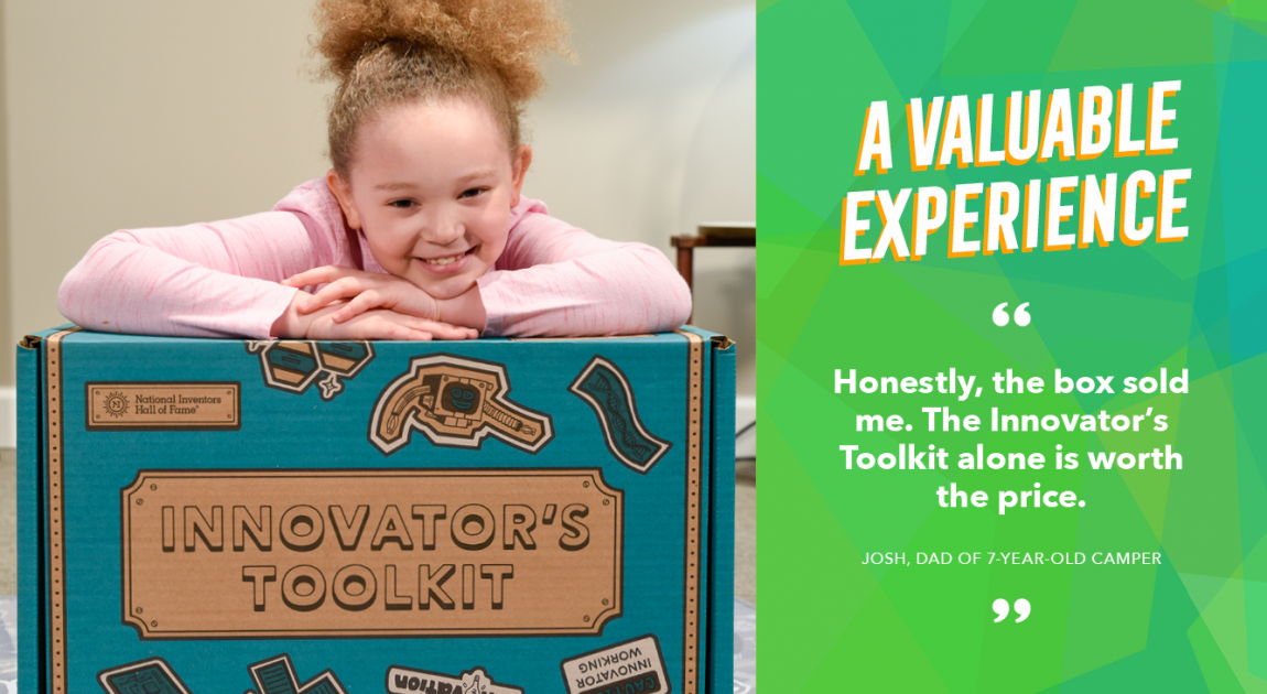 A smiling girl next to the text “Honestly, the box sold me. The Innovator’s Toolkit alone is worth the price.”
