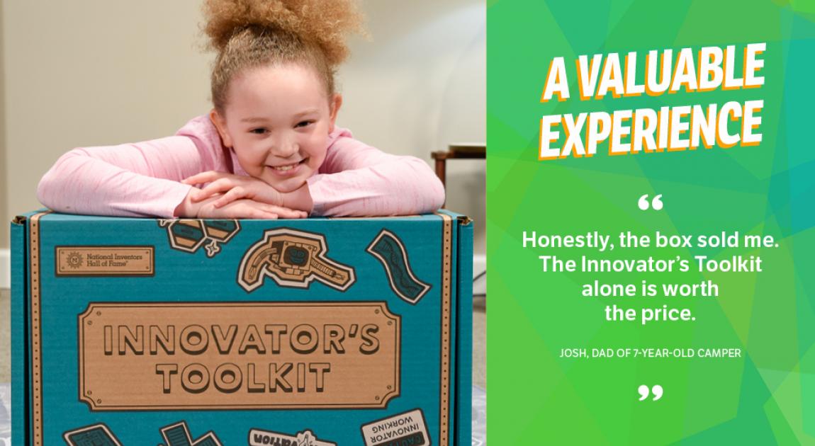 A child smiles with a blue “Innovator’s Toolkit” box next to a quote about Camp Invention Connect being a valuable experience