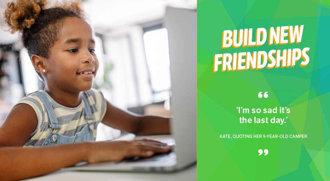 An elementary-aged child uses a laptop next to a quote about how children build new friendships during Camp Invention Connect