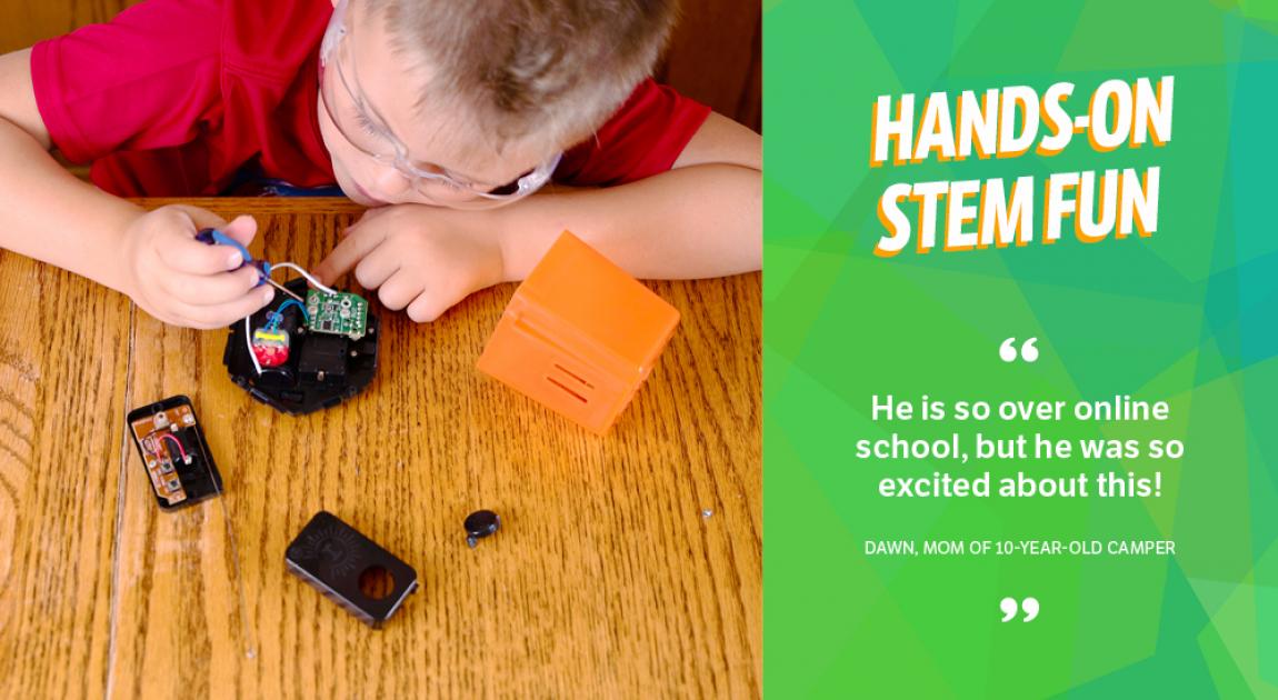 A boy takes apart a hexagon-shaped robot next to the text “He is so over online school, but he was so excited about this!”