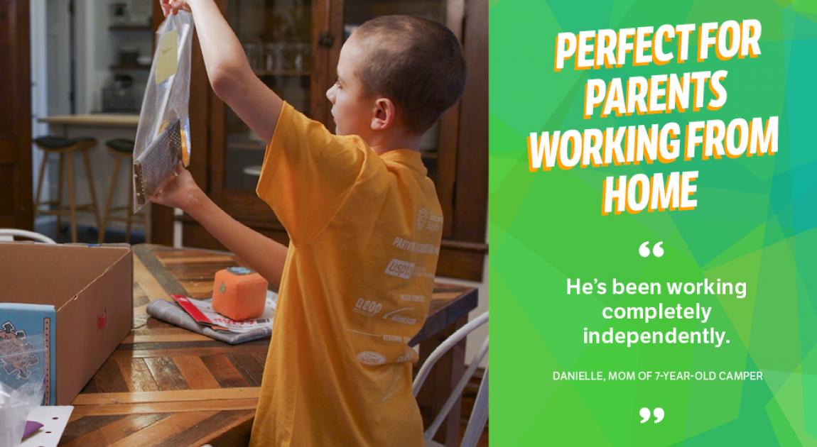 A boy opens his Camp Invention kit at his kitchen table next to the text “He’s been working completely independently.”